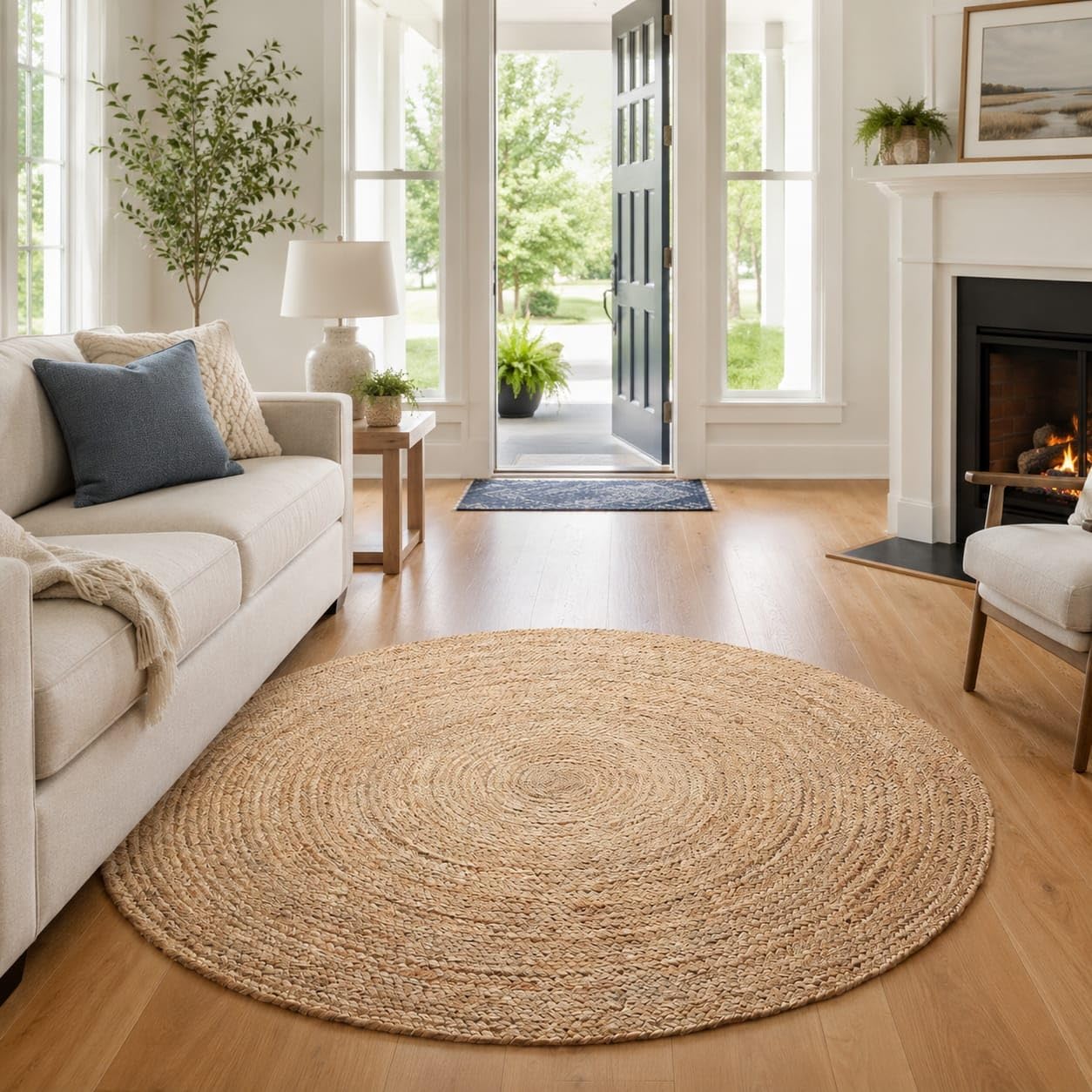 Handwoven Reversible Boho Jute Round Eco Farmhouse Area Rug