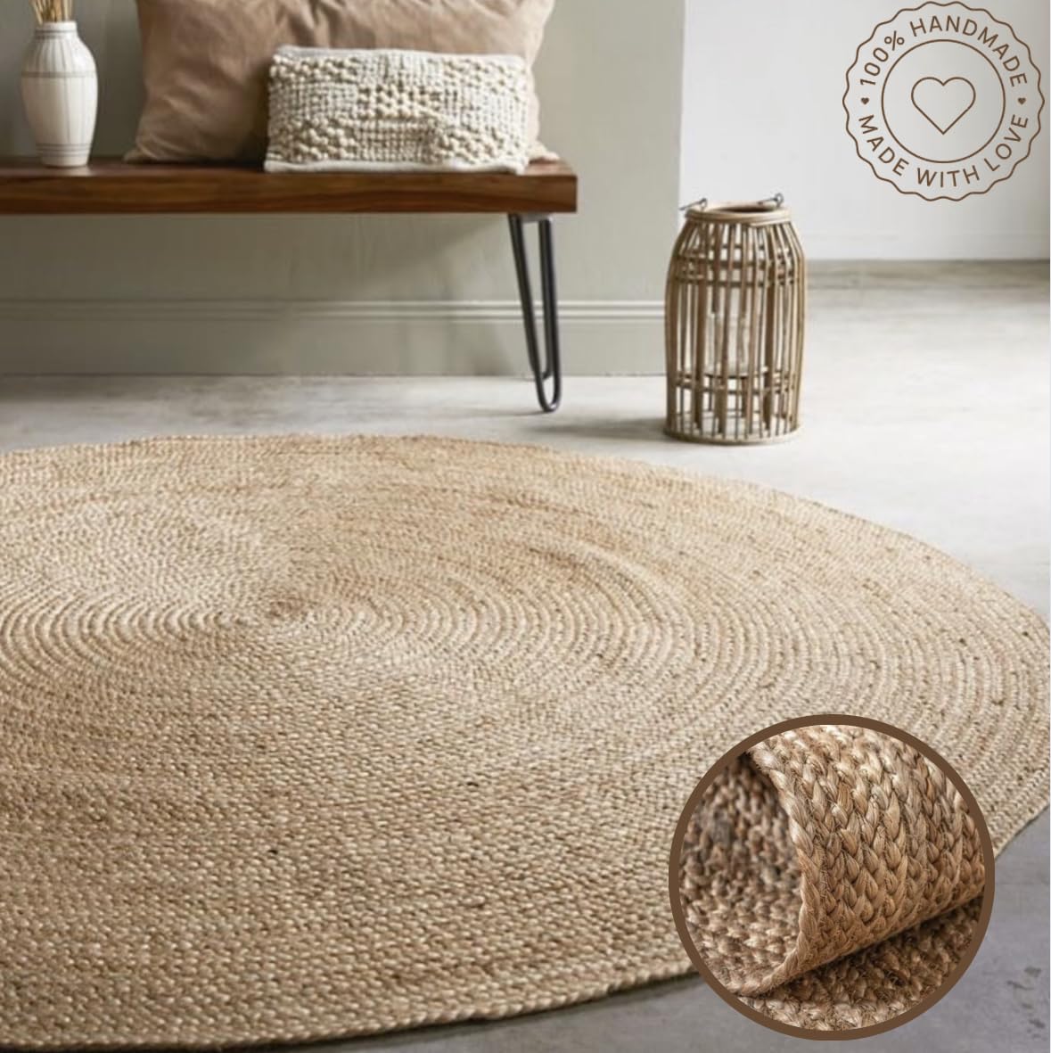 Handwoven Braided Natural Jute Round Area Carpet