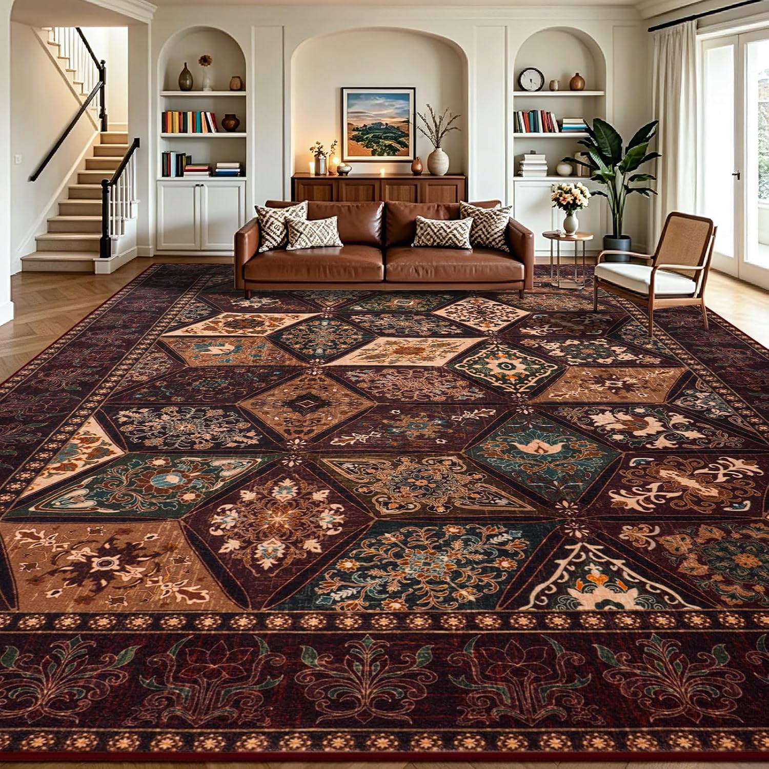 Vintage Patchwork 8x10 Washable Non Slip Low Pile Rug