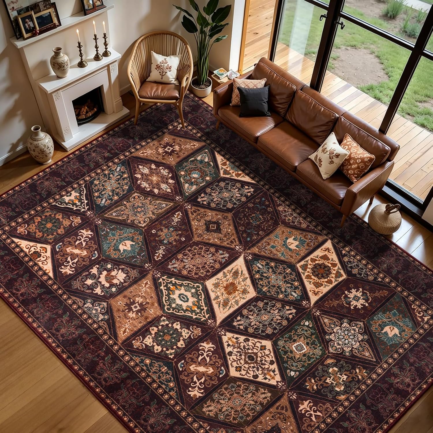 Vintage Patchwork 8x10 Washable Non Slip Low Pile Rug