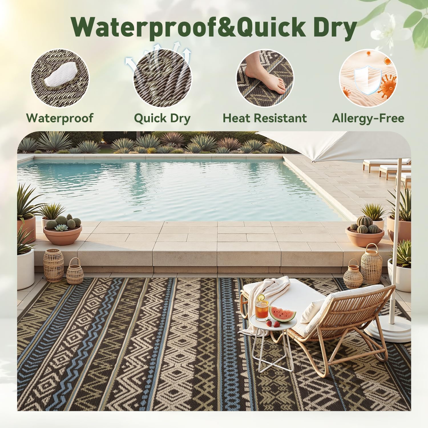 Reversible Waterproof 5x8 Outdoor Patio Camping Area Rug