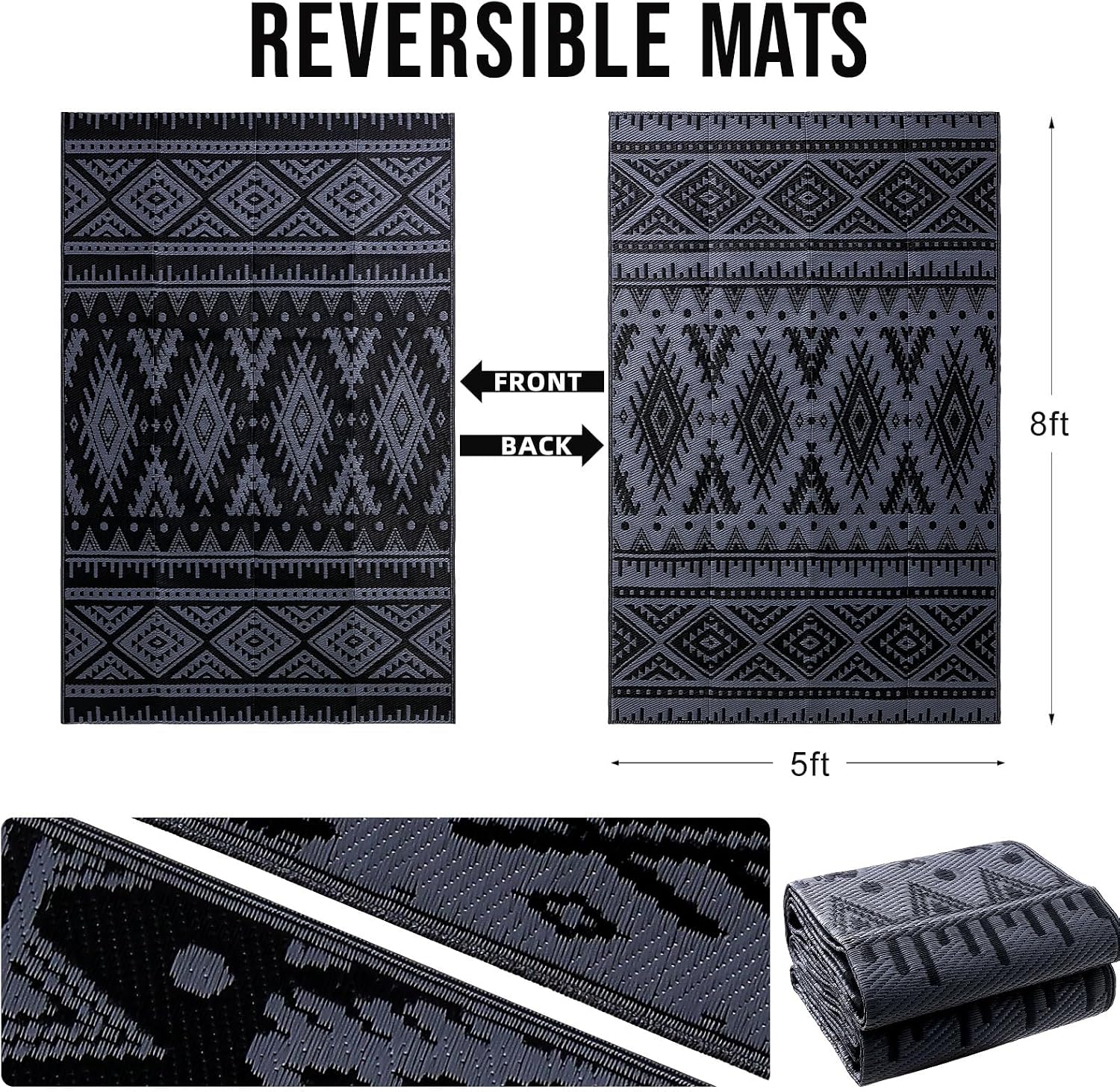 Reversible Boho 5x8 Waterproof Plastic Straw Patio Rug