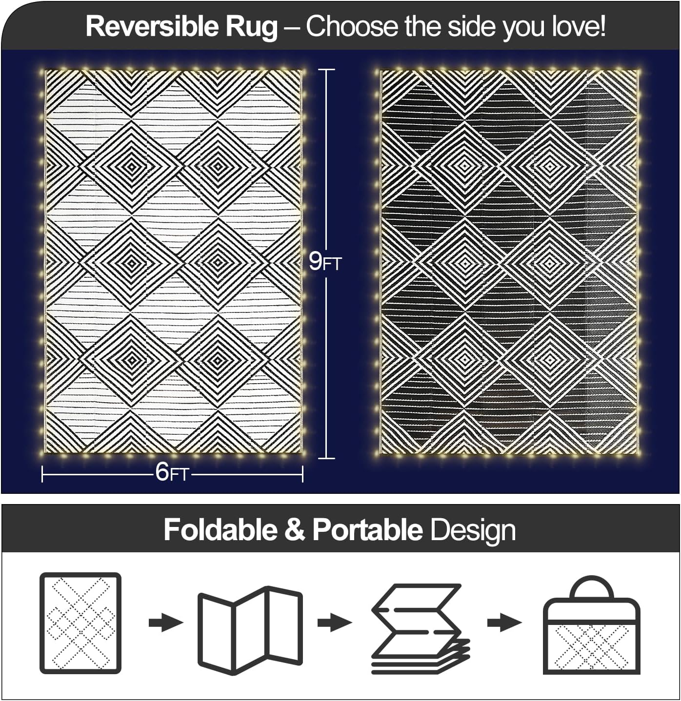 LED Waterproof 6x9 Reversible Foldable Outdoor Patio Rug