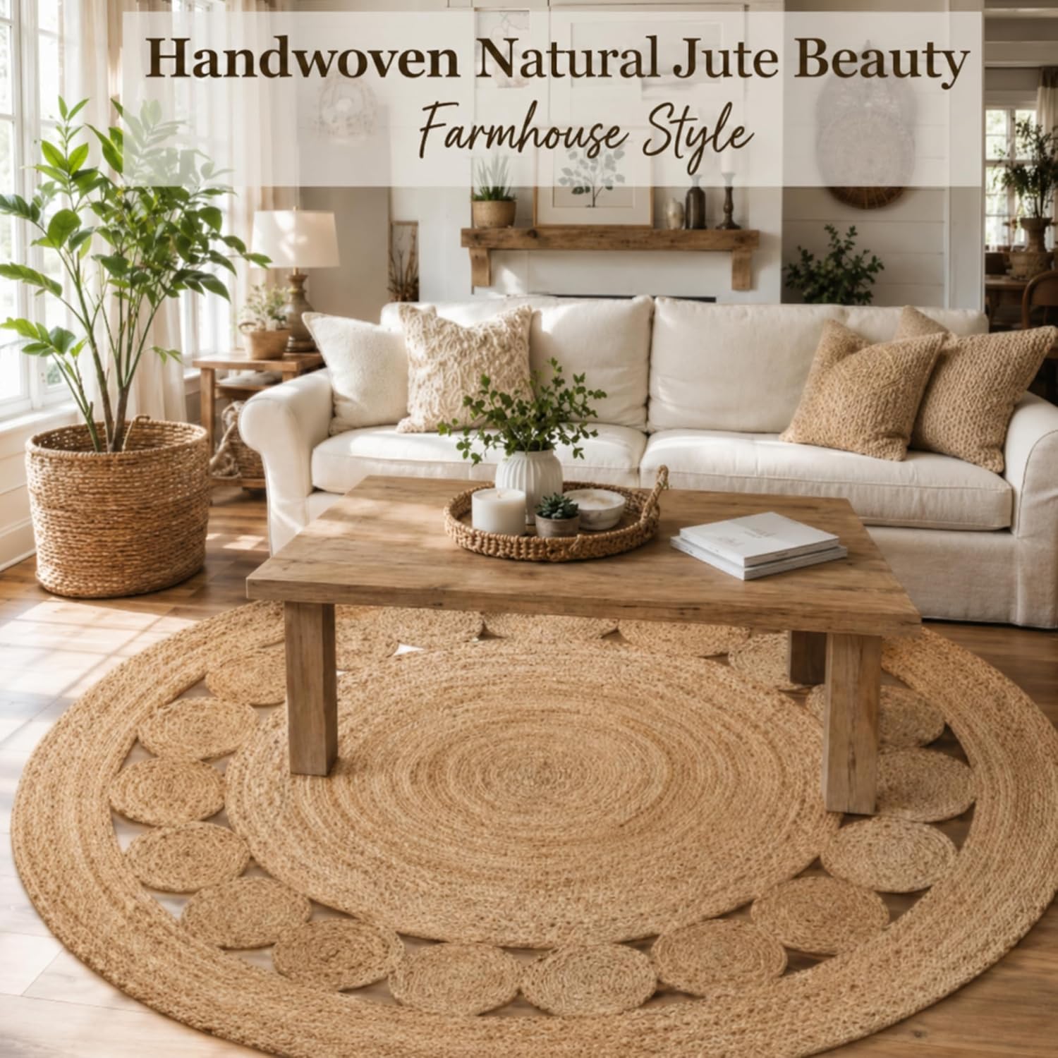 Handwoven Braided Boho Jute Round Farmhouse Area Rug
