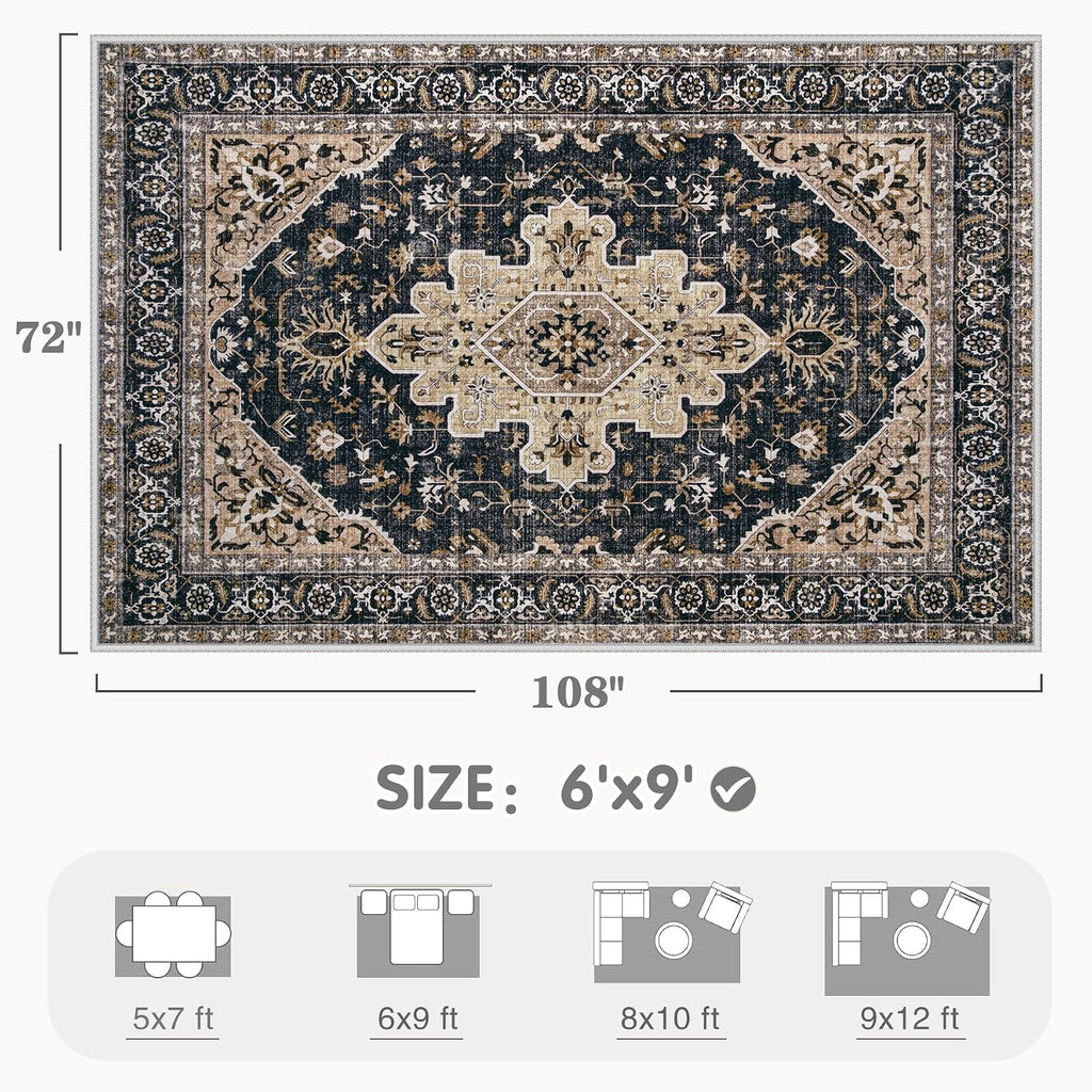 Retro Medallion 6x9 Washable Non Slip Low Pile Rug