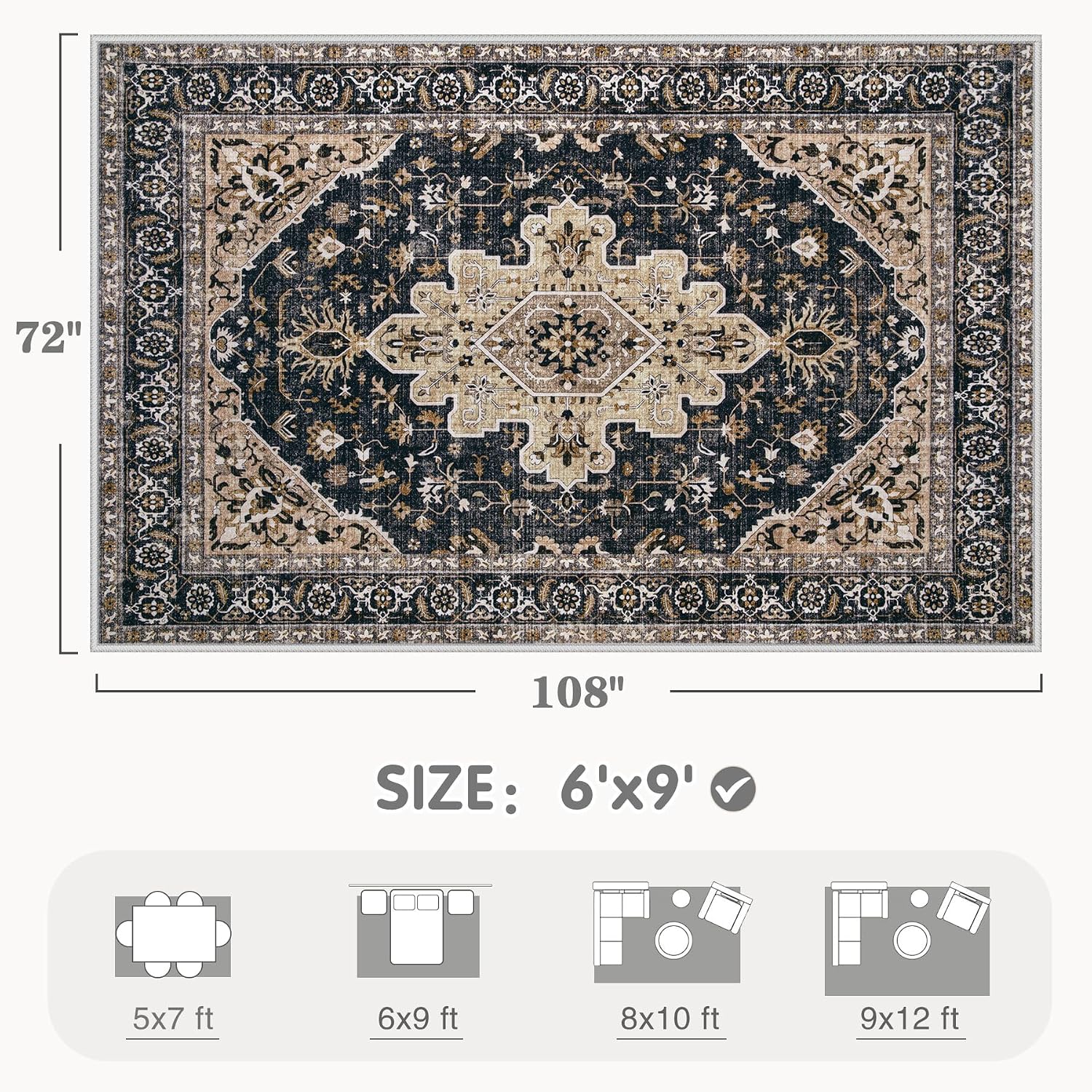 Retro Medallion 6x9 Washable Non Slip Low Pile Rug