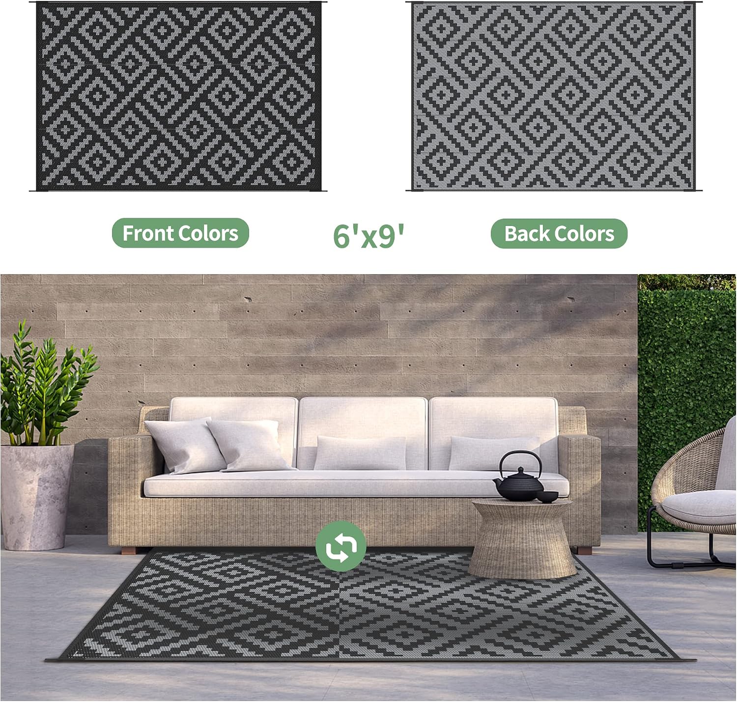 Reversible Waterproof 6x9 Plastic Straw Outdoor Patio Rug