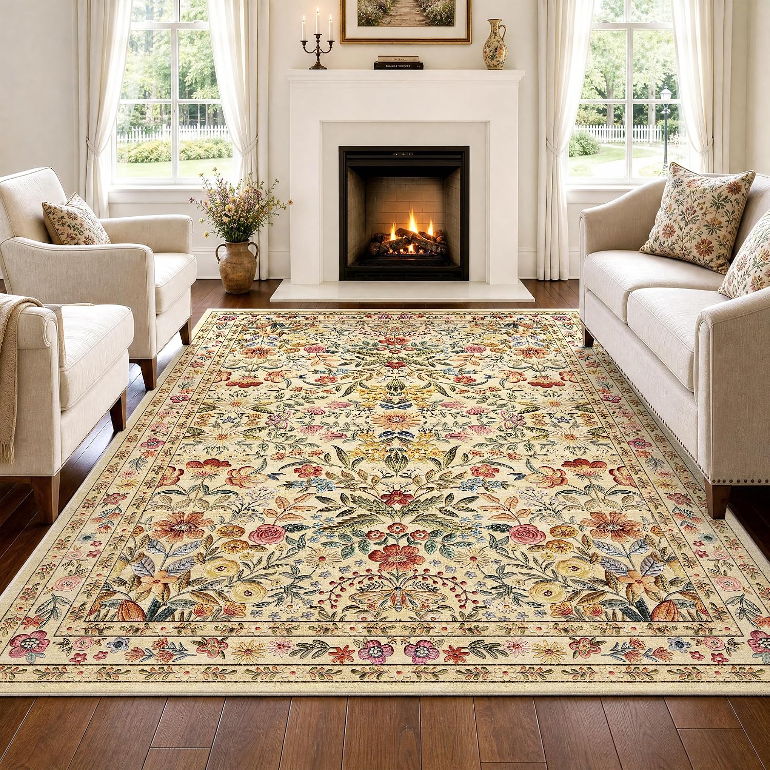 Vintage Boho 5x7 Floral Washable Non Slip Area Rug