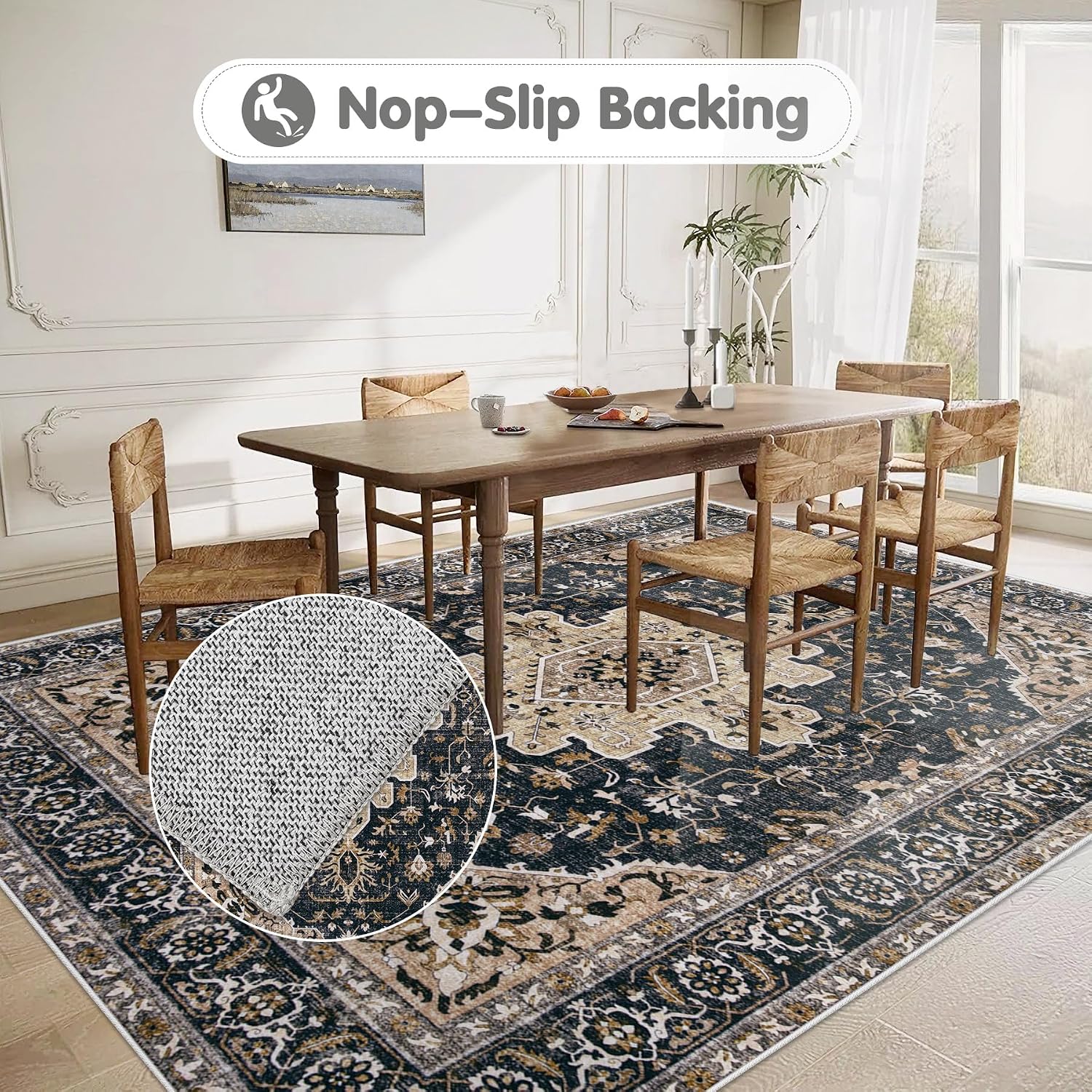 Retro Medallion 6x9 Washable Non Slip Low Pile Rug