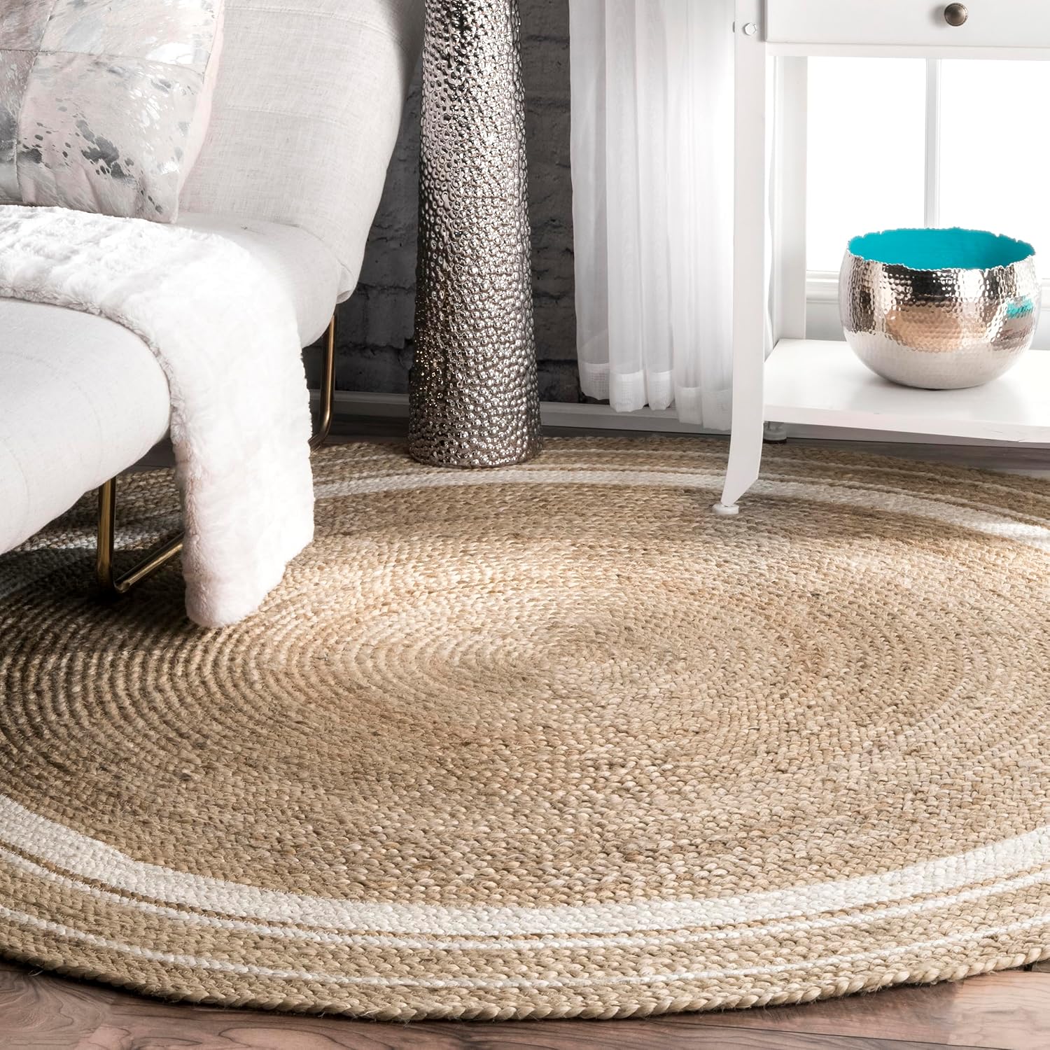 Coastal Braided Jute Round Off White Area Accent Rug