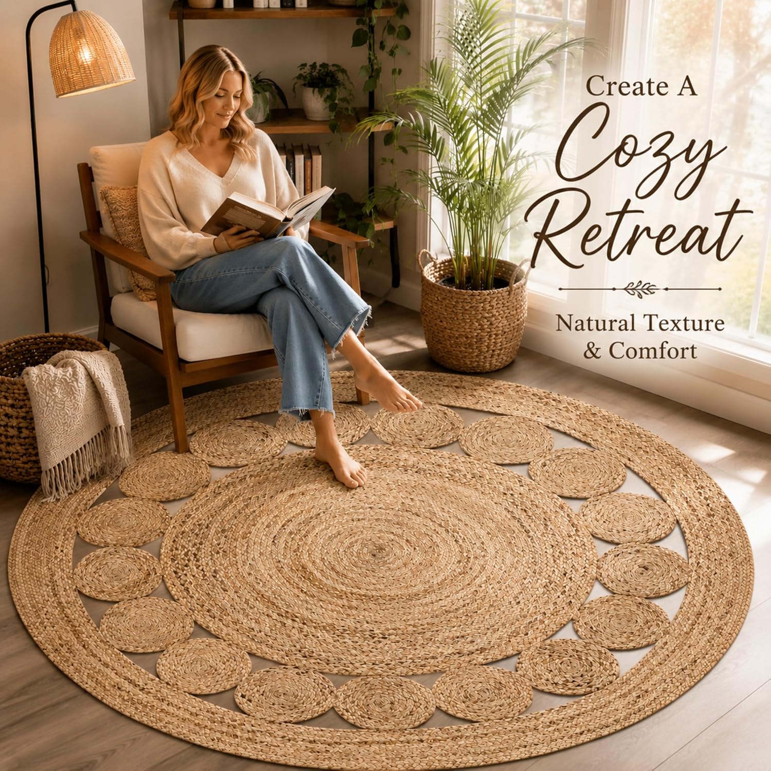 Handwoven Braided Boho Jute Round Farmhouse Area Rug