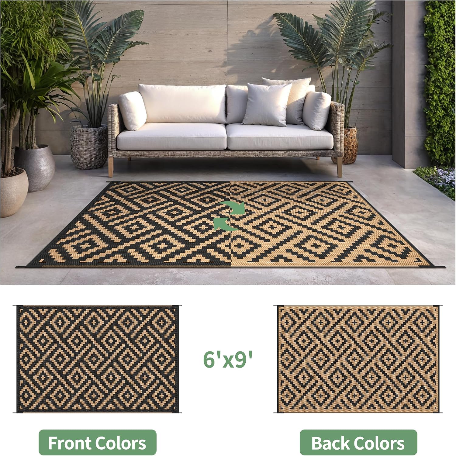 Foldable Reversible 6x9 Waterproof Plastic Outdoor Rug
