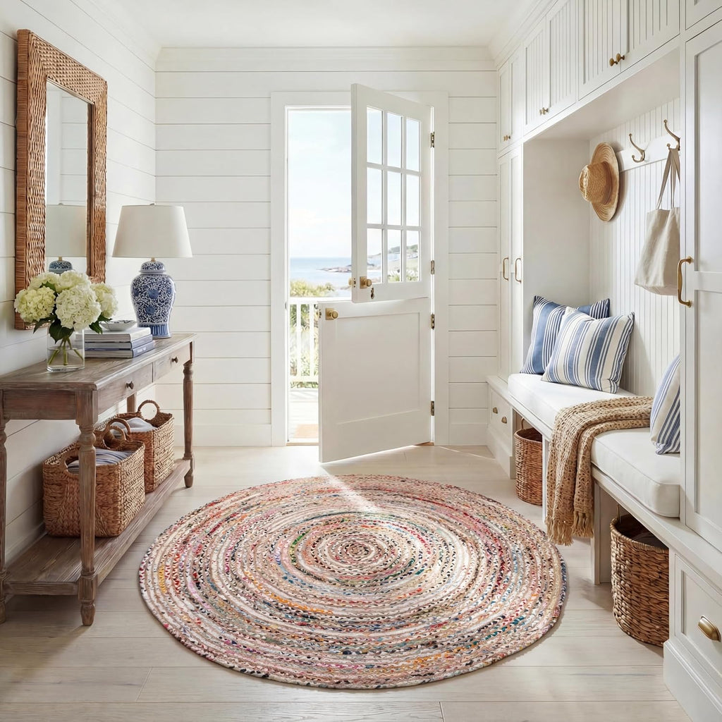 Braided Jute Cotton Round Beige Handwoven Area Rug