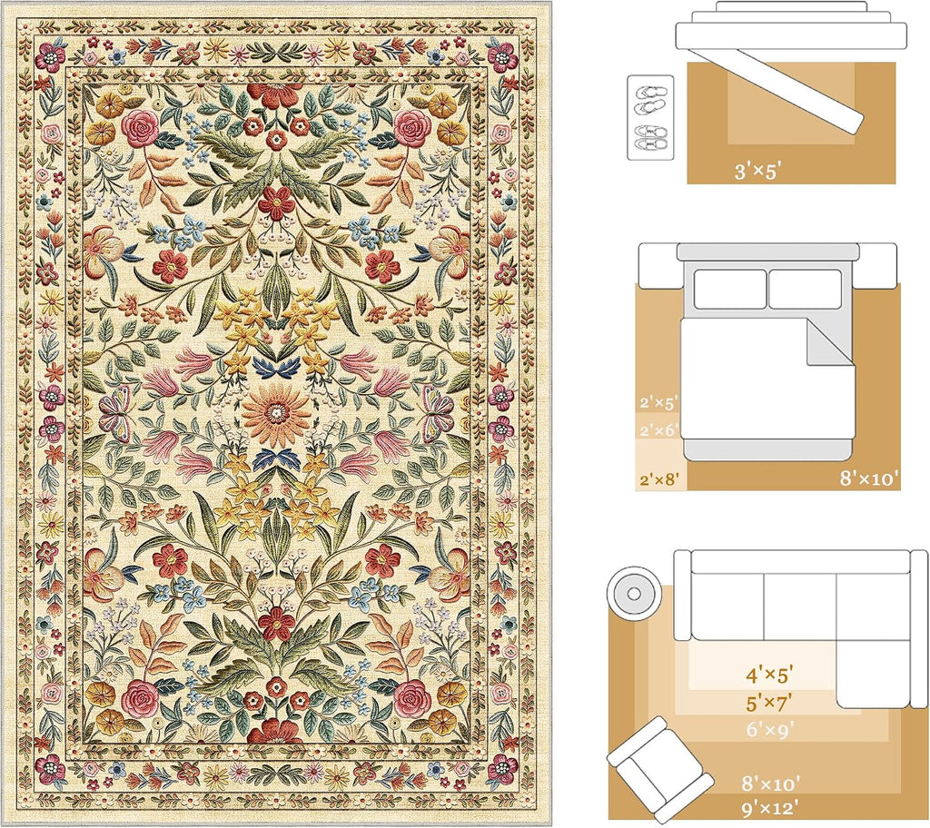 Vintage Boho 5x7 Floral Washable Non Slip Area Rug