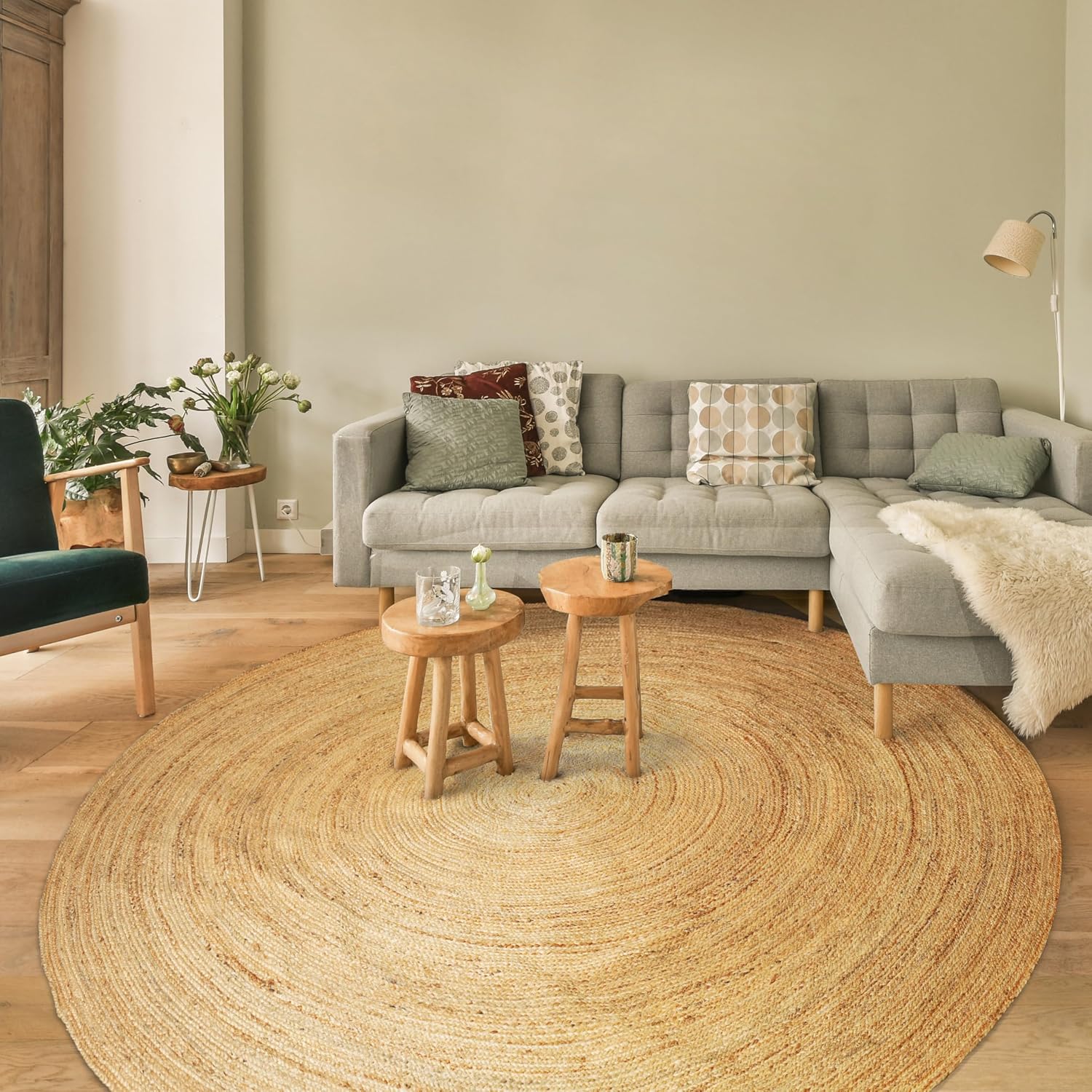 Handwoven Braided Natural Jute Round Boho Farmhouse Area Rug