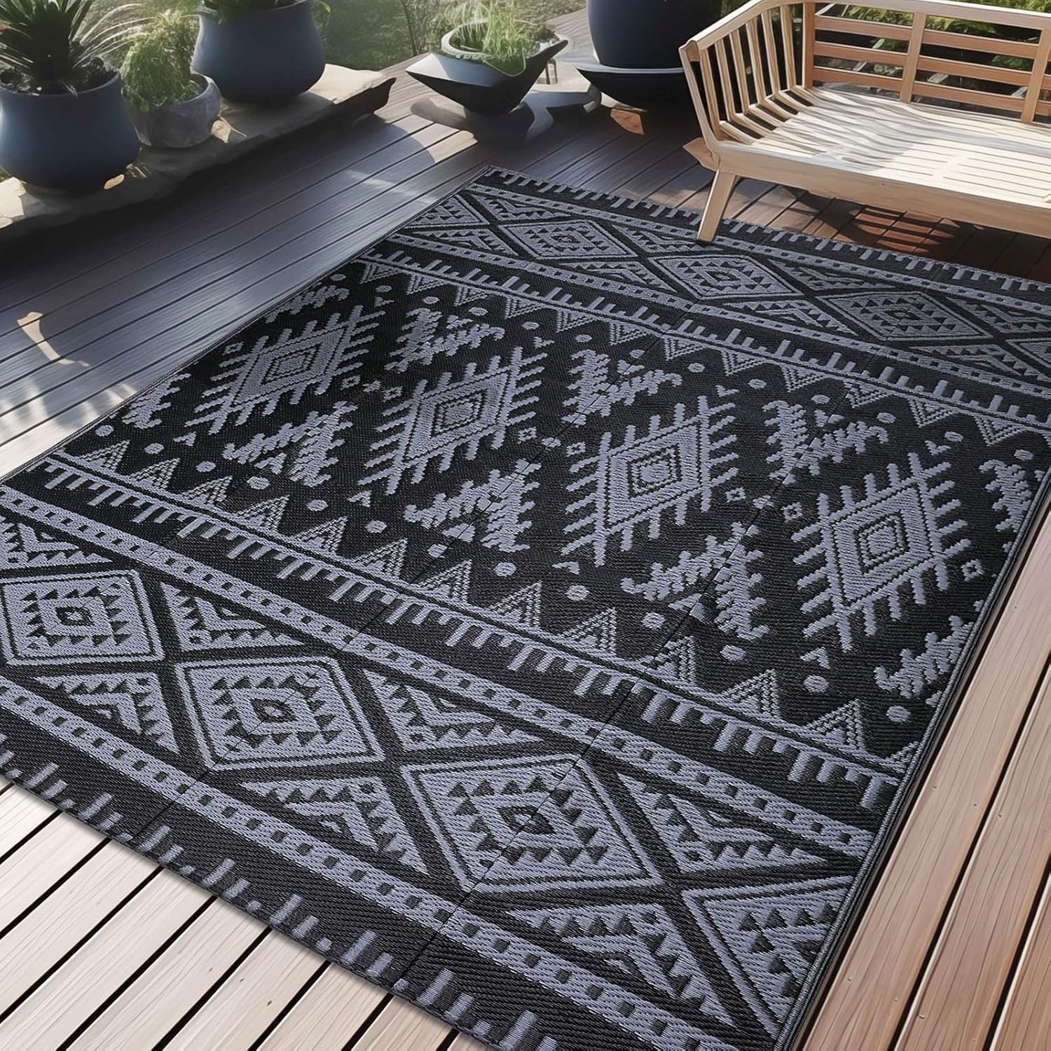 Reversible Boho 5x8 Waterproof Plastic Straw Patio Rug